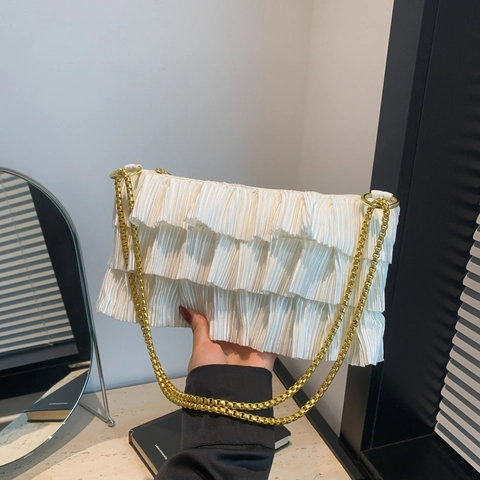 Plissierte Rüschen Umhängetasche Damen Polyester Stoff Goldene Kette Unterachseltasche Pendler Elegant Trendig Nischendesign