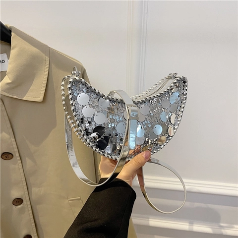 Women Sequin Crescent Crossbody Bag Metallic Paillette Chain Hobo Handbag For Party Evening Daily Streetwear Trendy