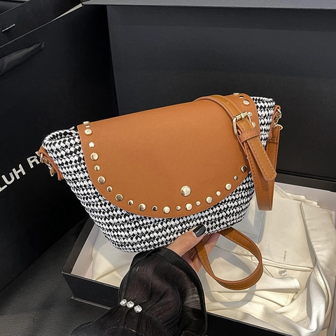 Borsa A Tracolla Donna Tessuto Pelle PU Decorazione Borchie Vacanze Mare Estate Tracolla Regolabile Borsa A Mano