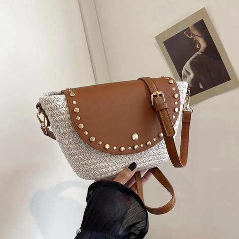 Borsa A Tracolla Donna Tessuto Pelle PU Decorazione Borchie Vacanze Mare Estate Tracolla Regolabile Borsa A Mano