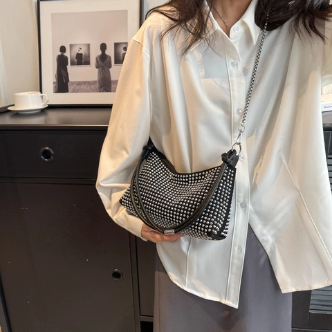 Sac À Bandoulière Sous Le Bras En Strass Étincelants Pour Femmes Cuir PU Avec Chaîne Métallique Mode Fête Y2K