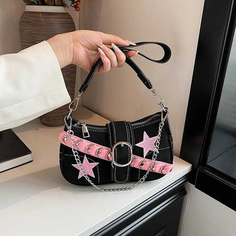Y2K Punk Underarm Bag Suede Women Contrast Stitching Pink Star Heart Patch Silver Chain Aesthetic Sweet Cool Baguette