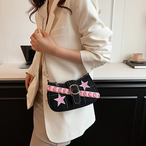 Y2K Punk Underarm Bag Suede Women Contrast Stitching Pink Star Heart Patch Silver Chain Aesthetic Sweet Cool Baguette