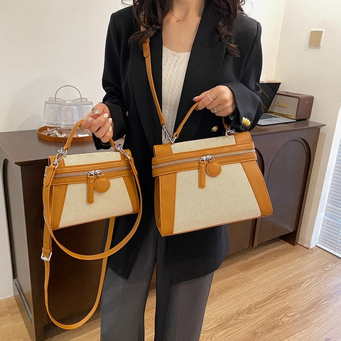 Retro Splicing Handbag For Women PU Leather And Canvas Contrast Color Top Handle Crossbody Bag Vintage Chic Tote