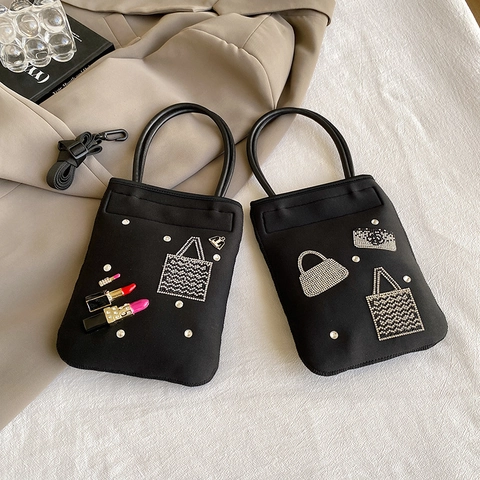 Women Rhinestone Nylon Crossbody Bag Trendy Sparkly Patch Handbag Vertical Phone Bag With Detachable Strap