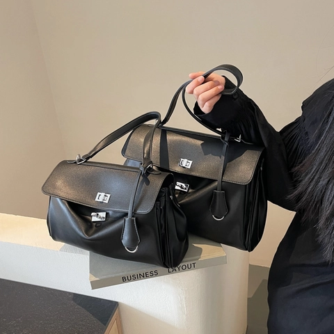 Minimalist Large Capacity PU Leather Handbag Women Shoulder Tote Bag With Silver Turn Lock For Daily Commuter