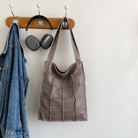 Damen Tote Bag Große Kapazität PU Leder Gesteppt Schultertasche Vintage Pendler Handtasche Arbeit Büro Lässig