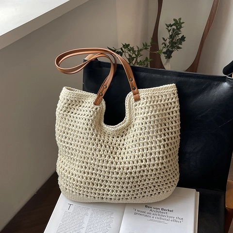 Πλεκτή Τσάντα Tote Από Βαμβάκι Μεγάλης Χωρητικότητας Καλοκαιρινή Τσάντα Ώμου Παραλίας Με Δερμάτινη Λαβή Και Πριτσίνια
