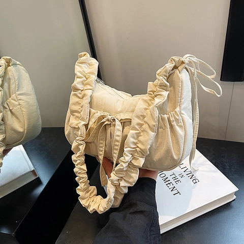 Sac À Épaule Femme Ruched Nylon Toile Nœud Décor Décontracté Navette Style Coréen Sac Hobo Demi-Lune