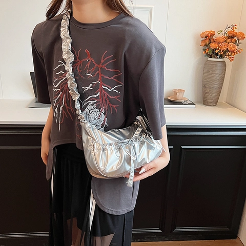 Sac À Épaule Femme Ruched Nylon Toile Nœud Décor Décontracté Navette Style Coréen Sac Hobo Demi-Lune