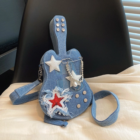 Borsa a Tracolla da Donna in Denim a Forma di Chitarra Punk Street Style con Patch a Stella Catena in Metallo e Borchie