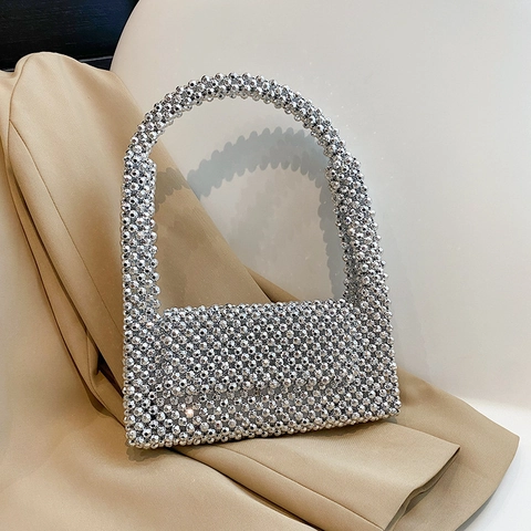 Handgewebte Perlen Unterachseltasche Metallic Glanz Schulterhandtasche Kleine Quadratische Abendparty Tasche Damen