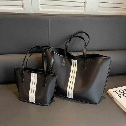 Bolso Tote De Gran Capacidad Para Mujer Cuero PU Rayas Blancas Verticales Color En Contraste Versátil Hombro