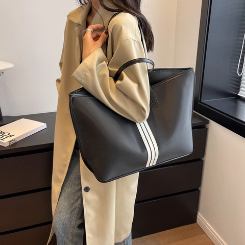 Bolso Tote De Gran Capacidad Para Mujer Cuero PU Rayas Blancas Verticales Color En Contraste Versátil Hombro