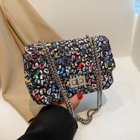 Damen Umhängetasche Tweed Gewebt Graffiti Druck Kleine Quadratische Umhängetasche Mit Metallkette Und Drehverschluss