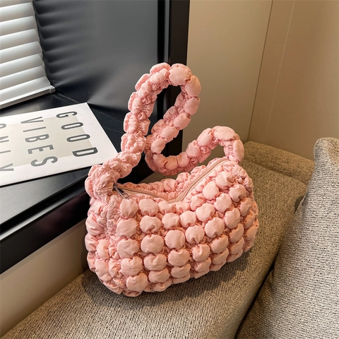 Ruched Bubble Puffy Shoulder Bag Popcorn Quilted Texture Cloud Hobo Purse Lightweight Fabric
