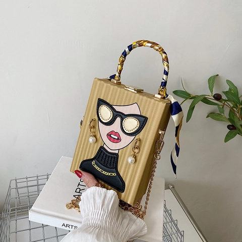 Box Handbag PU Leather Cartoon Portrait Sunglasses Girl Scarf Handle Artificial Pearl Decor Chain Shoulder Bag For Women
