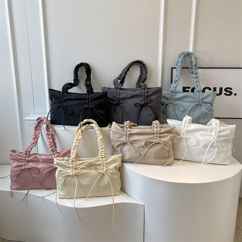 Dames Mode Canvas Geplooide Tote Bag Met Strik Detail Wolk Schouderriem Grote Capaciteit Woon-werkverkeer Handtas Casual Shopper Tas