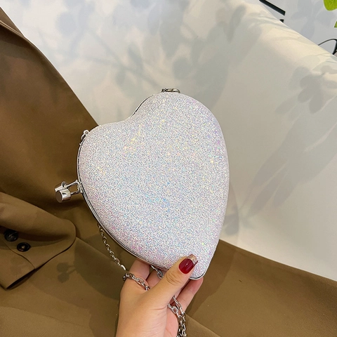 Sac De Soirée En Forme De Coeur Pour Femmes Pochette Rigide À Paillettes Avec Bandoulière Chaîne Épaule Crossbody Pour Mariage Bal Fête