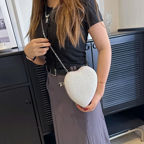 Sac De Soirée En Forme De Coeur Pour Femmes Pochette Rigide À Paillettes Avec Bandoulière Chaîne Épaule Crossbody Pour Mariage Bal Fête