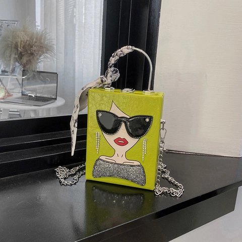 Fashion Sunglasses Girl Pattern PU Leather Crossbody Box Bag With Scarf Wrapped Handle Metal Chain Strap Novelty