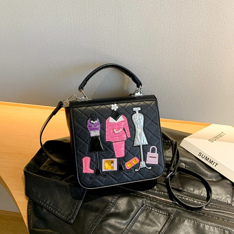Women Crossbody Bag Fashion PU Leather Quilted Rhombus Embroidery Patchwork Top Handle Adjustable Shoulder Handbag