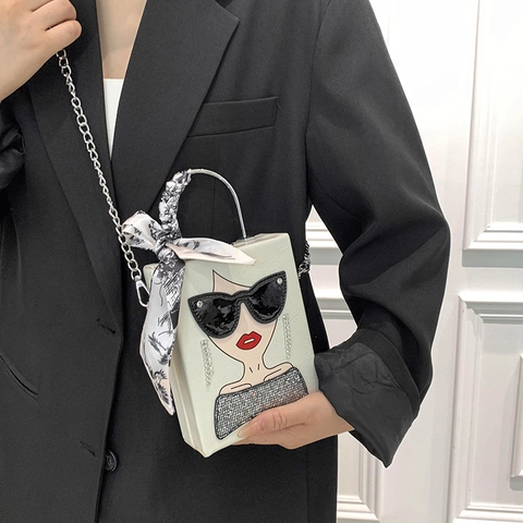 Fashion Sunglasses Girl Pattern PU Leather Crossbody Box Bag With Scarf Wrapped Handle Metal Chain Strap Novelty