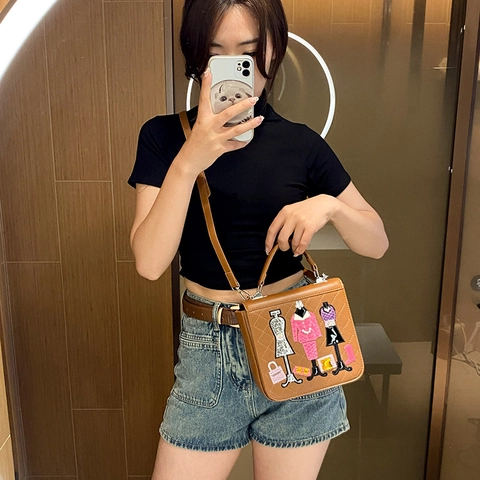 Women Crossbody Bag Fashion PU Leather Quilted Rhombus Embroidery Patchwork Top Handle Adjustable Shoulder Handbag