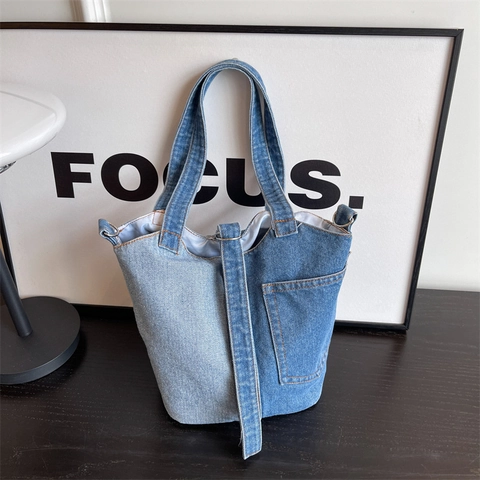 Sac À Épaule En Jean Femmes Patchwork Color Block Sac Seau Grande Capacité Décontracté Sac Bandoulière Vintage Style Urbain