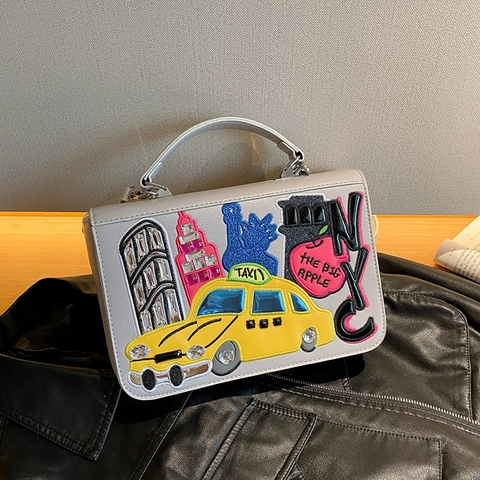 Women Handbag PU Leather NYC Patch Embroidery Crossbody Shoulder Bag Retro Top Handle Square Box Fashion