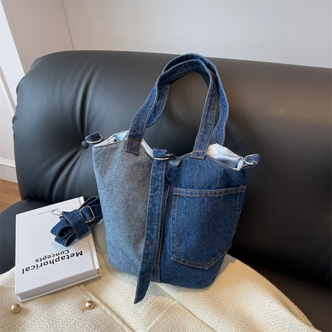 Sac À Épaule En Jean Femmes Patchwork Color Block Sac Seau Grande Capacité Décontracté Sac Bandoulière Vintage Style Urbain