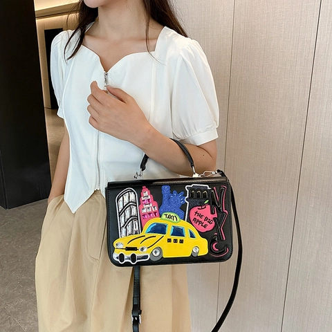 Women Handbag PU Leather NYC Patch Embroidery Crossbody Shoulder Bag Retro Top Handle Square Box Fashion