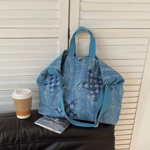 Denim-Tragetasche Stern-Patchwork Schachbrett Große Kapazität Lässige Schultertasche Umhängetasche Für Damen
