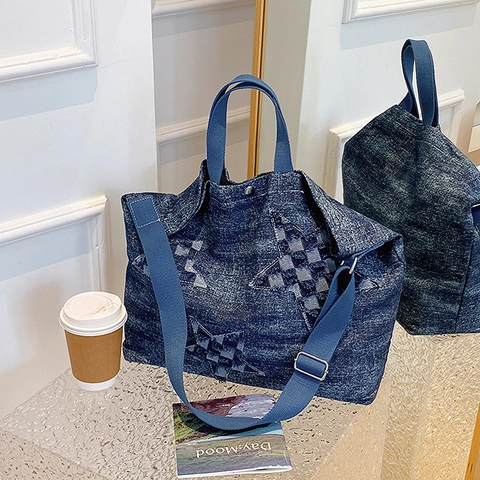 Denim-Tragetasche Stern-Patchwork Schachbrett Große Kapazität Lässige Schultertasche Umhängetasche Für Damen