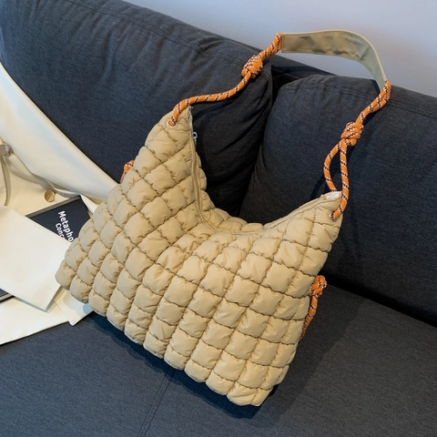 Fashion Quilted Puffer Shoulder Bag Large Capacity Tote With Woven Rope Strap Soft Lightweight Handbag For Women