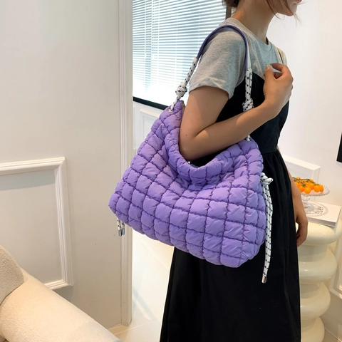 Fashion Quilted Puffer Shoulder Bag Large Capacity Tote With Woven Rope Strap Soft Lightweight Handbag For Women
