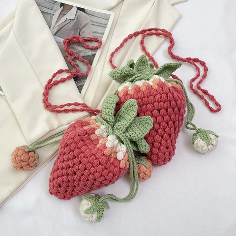 Handgefertigte Häkel Erdbeere Umhängetasche Gestrickte Fruchtform Kordelzug Schultertasche Für Damen