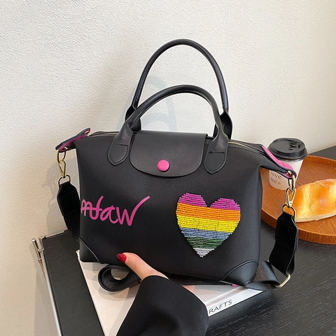 Nylon Handtasche Mit Lederbesatz Regenbogen Herz Pailletten Schulter Umhängetasche Trendy Lässig Große Kapazität