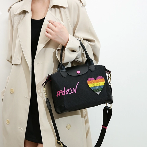 Nylon Handtasche Mit Lederbesatz Regenbogen Herz Pailletten Schulter Umhängetasche Trendy Lässig Große Kapazität