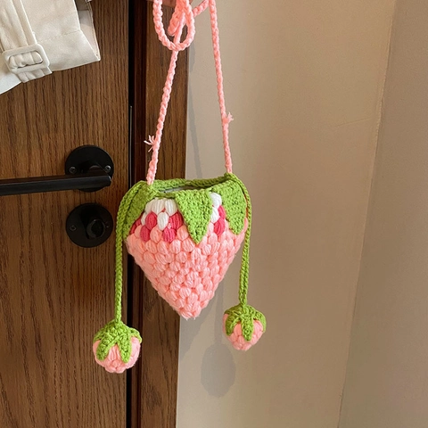 Mini Strawberry Shape Crossbody Bag Handmade Knitted Crochet Shoulder Pouch For Women Girls Cute Small Cosmetic Purse