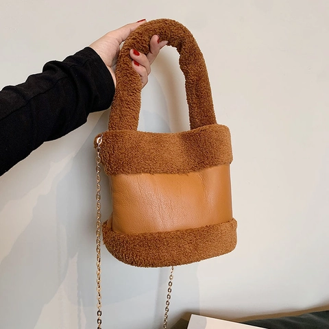 Damen Plüsch PU Spleiß Eimer Tasche Mit Metallkette Handtasche Crossbody Schultertasche Koreanischer Stil Herbst Winter