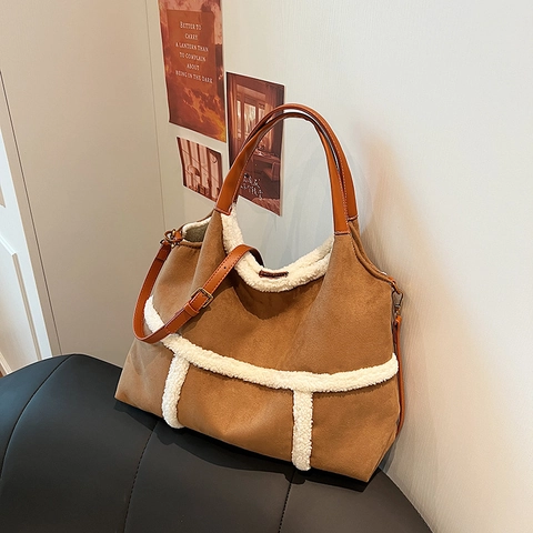 Women's Large Capacity Tote Bag Suede Faux Lamb Wool Patchwork Winter Shoulder Crossbody Handbag With Inner Pouch