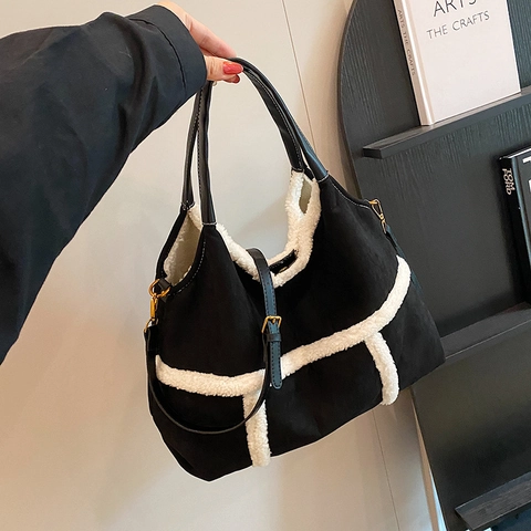 Women's Large Capacity Tote Bag Suede Faux Lamb Wool Patchwork Winter Shoulder Crossbody Handbag With Inner Pouch