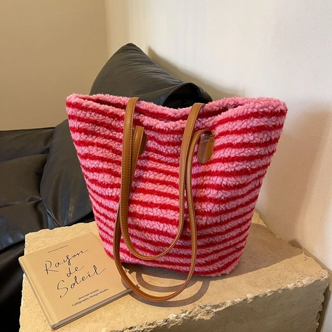 Women Striped Plush Tote Bag Large Capacity Lamb Wool Faux Fur Shoulder Handbag With Leather Handles Autumn Winter Travel
