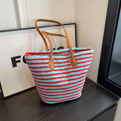 Women Striped Plush Tote Bag Large Capacity Lamb Wool Faux Fur Shoulder Handbag With Leather Handles Autumn Winter Travel