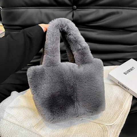 Bolso De Mano De Piel Sintética Para Mujer Peluche Cubo Otoño Invierno Cálido Suave Tote Para Diario Elegante Liso
