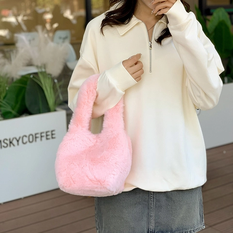 Bolso De Mano De Piel Sintética Para Mujer Peluche Cubo Otoño Invierno Cálido Suave Tote Para Diario Elegante Liso
