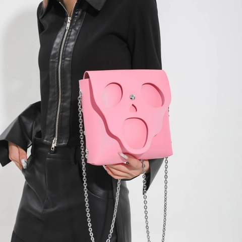 Hollow Out Screaming Face PU Leather Chain Strap Crossbody Bag Small Square Novelty Streetwear Purse For Women