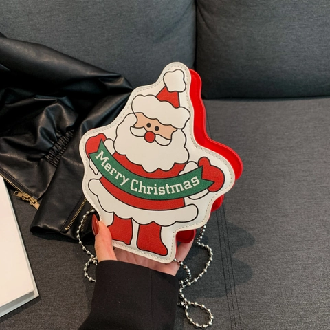 Santa Claus Shape Crossbody Bag PU Leather Merry Christmas Novelty Cartoon Metal Chain Shoulder Handbag Party Gift