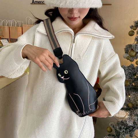 Borsa Tracolla Gatto Carina Pelle PU Ricamata Novità Borsa Petto Spalla Con Tracolla Regolabile A Righe Per Donna